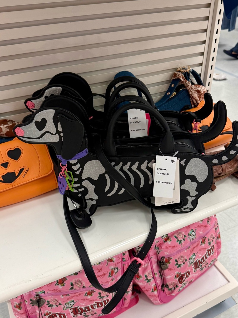 Betsey Johnson Black Dachshund Skeleton Satchel with Purple Accent - Picture 2 of 13